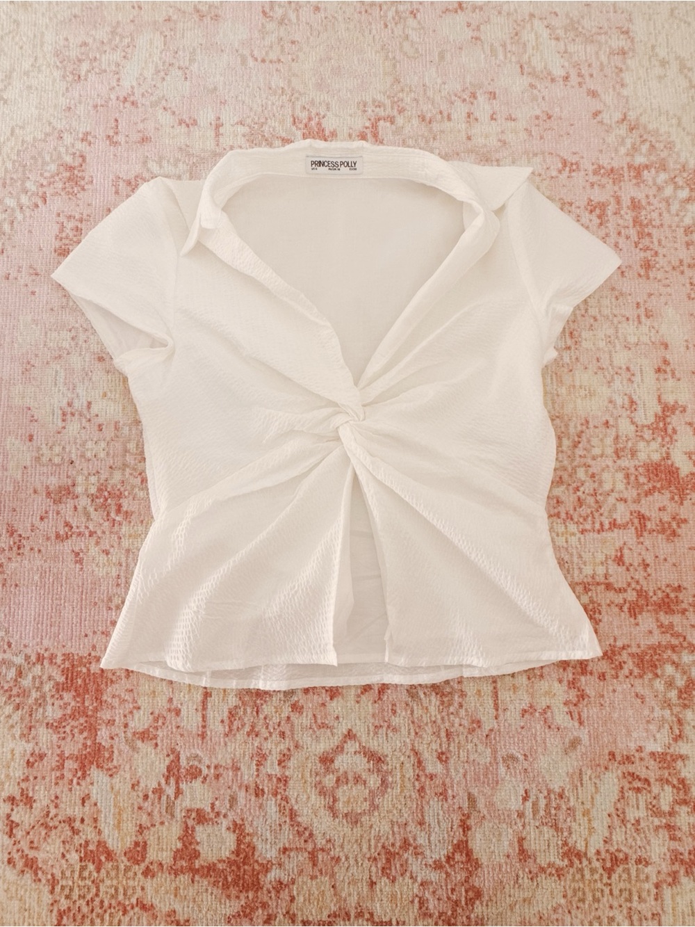 Princess Polly, Lovers Blue White Twist-Front Short Sleeve Top
